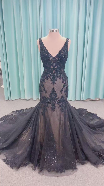 Drusilla Mermaid Wedding Dress in Black/Nude, Size 12 — lace appliqués, subtle sparkle, mermaid flare hem