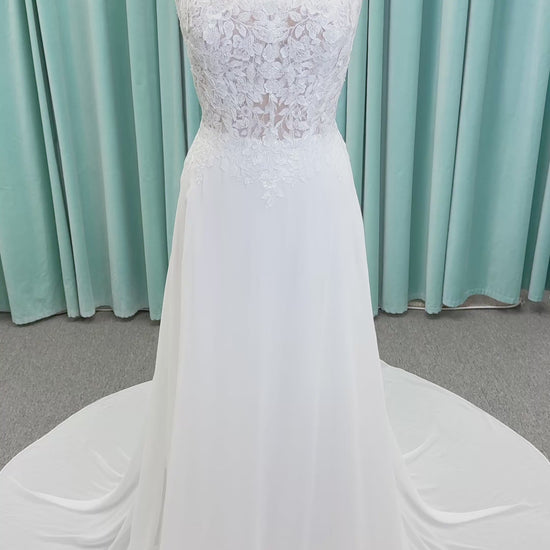 Morilee 15108 Senna boho A-line wedding dress on mannequin with square neckline, 3D floral lace bodice, and flowing chiffon skirt