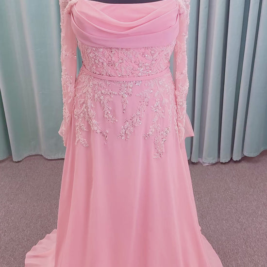  Morilee MLNY 73185 plus size A-line mother of the bride dress on mannequin with square neckline, draped chiffon bodice, sheer illusion long sleeves, beaded appliques, detachable self-belt, and flowing A-line skirt