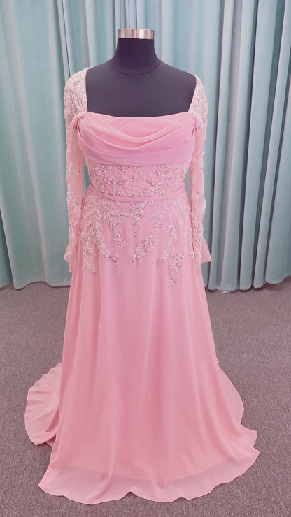  Morilee MLNY 73185 plus size A-line mother of the bride dress on mannequin with square neckline, draped chiffon bodice, sheer illusion long sleeves, beaded appliques, detachable self-belt, and flowing A-line skirt