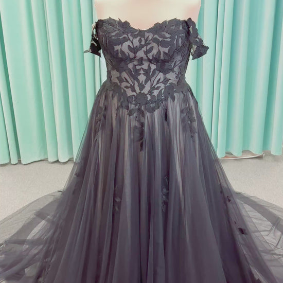 Jeslyn Noir Plus Size A-line Wedding Dress in Black/Nude, Size 18 — black floral appliqués, off-the-shoulder, layered tulle
