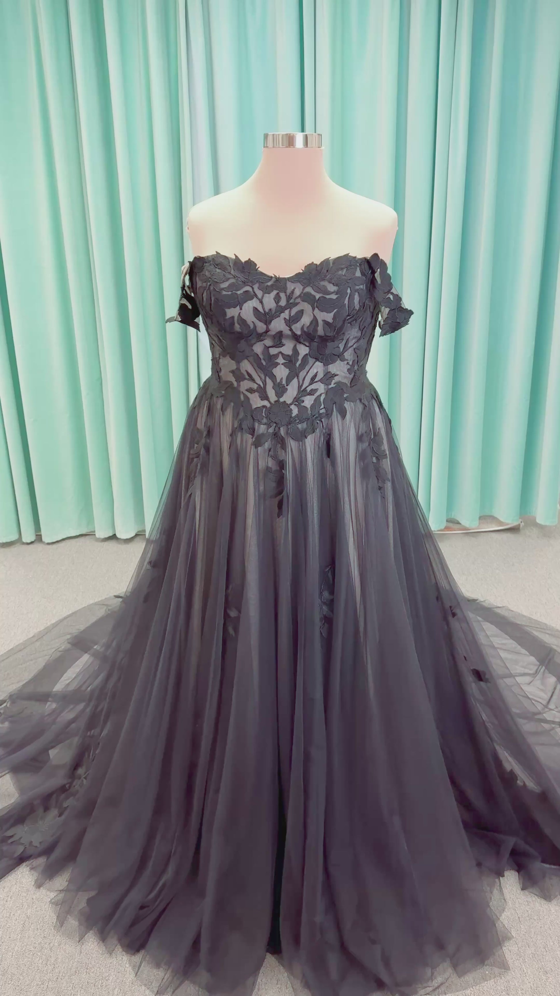 Jeslyn Noir Plus Size A-line Wedding Dress in Black/Nude, Size 18 — black floral appliqués, off-the-shoulder, layered tulle