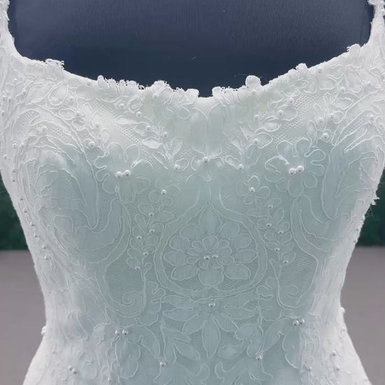 Dondi Fit and Flare Wedding Dress in Ivory, Size 14 — allover lace, fitted bodice, dramatic flare skirt
