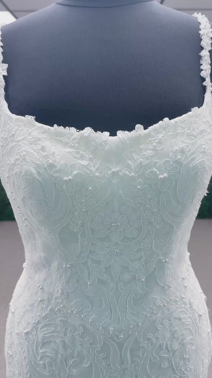 Dondi Fit and Flare Wedding Dress in Ivory, Size 14 — allover lace, fitted bodice, dramatic flare skirt