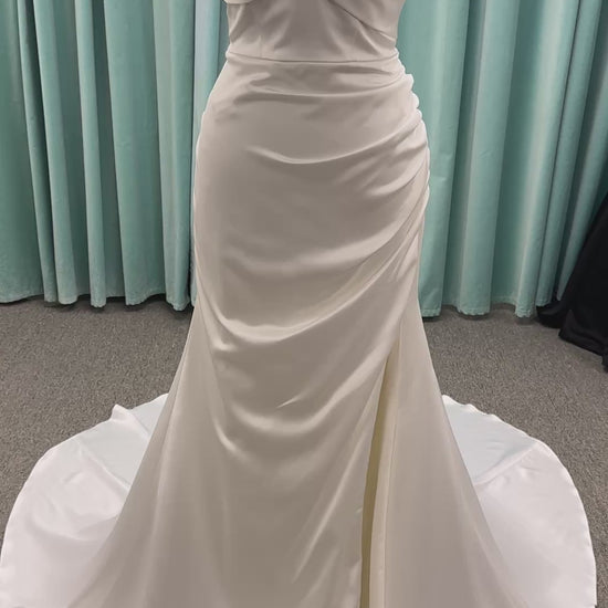 Essense of Australia D4034 strapless charmeuse column wedding dress with ruched sweetheart neckline and fitted silhouette