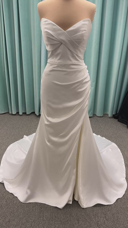 Essense of Australia D4034 strapless charmeuse column wedding dress with ruched sweetheart neckline and fitted silhouette