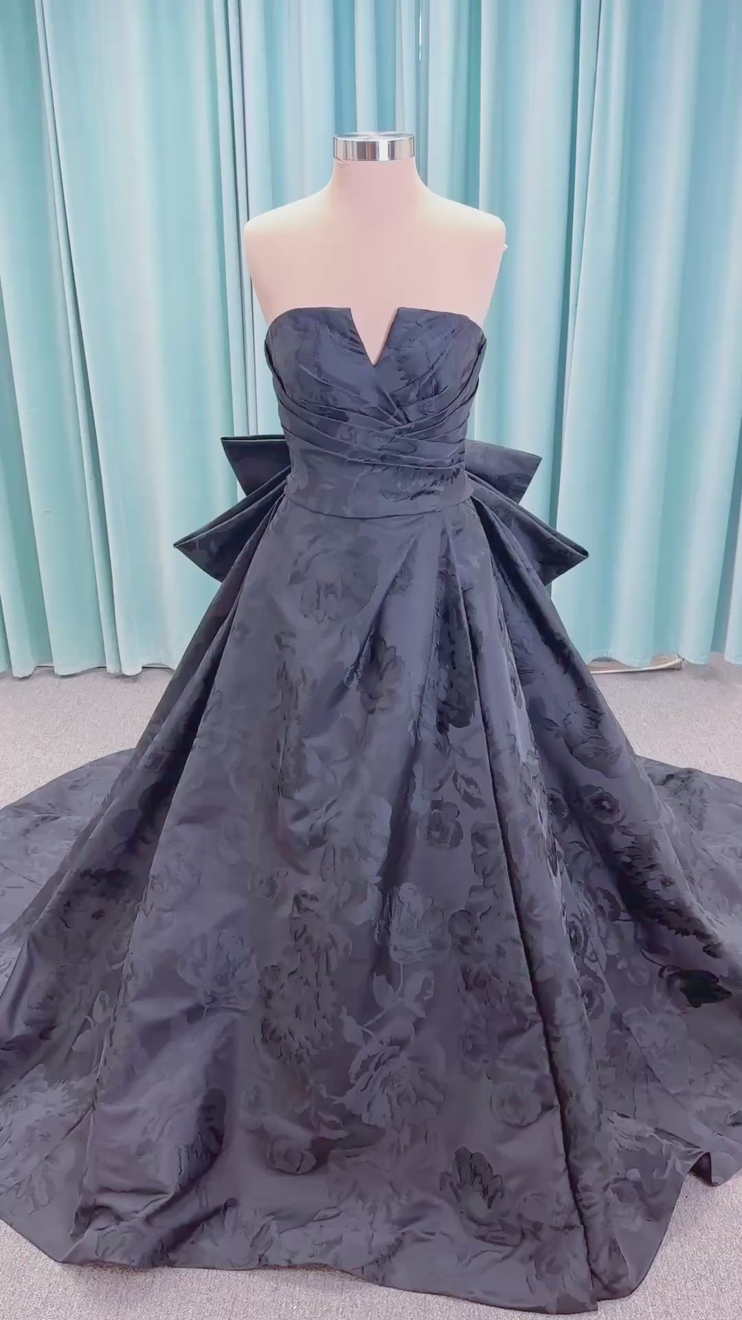 Wednesday Ballgown Wedding Dress in Black Brocade, Size 10 — floral jacquard, strapless neckline, oversized bow back
