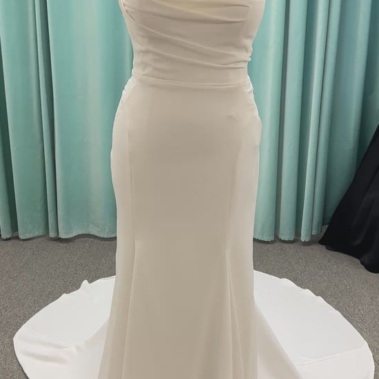 Strapless satin fit-and-flare wedding dress with sweetheart neckline and button-back detail by Essense of Australia style D4193
