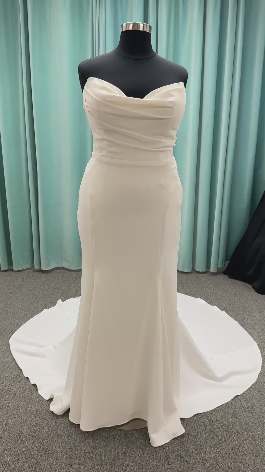 Strapless satin fit-and-flare wedding dress with sweetheart neckline and button-back detail by Essense of Australia style D4193