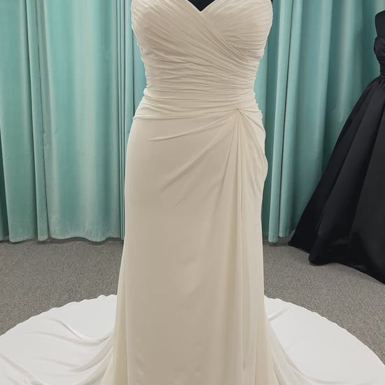 Plus size strapless chiffon A-line wedding dress with sweetheart neckline and draped bodice detail
