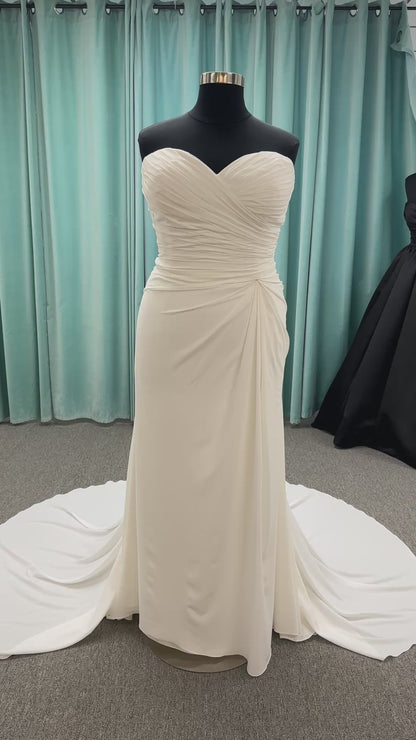 Plus size strapless chiffon A-line wedding dress with sweetheart neckline and draped bodice detail