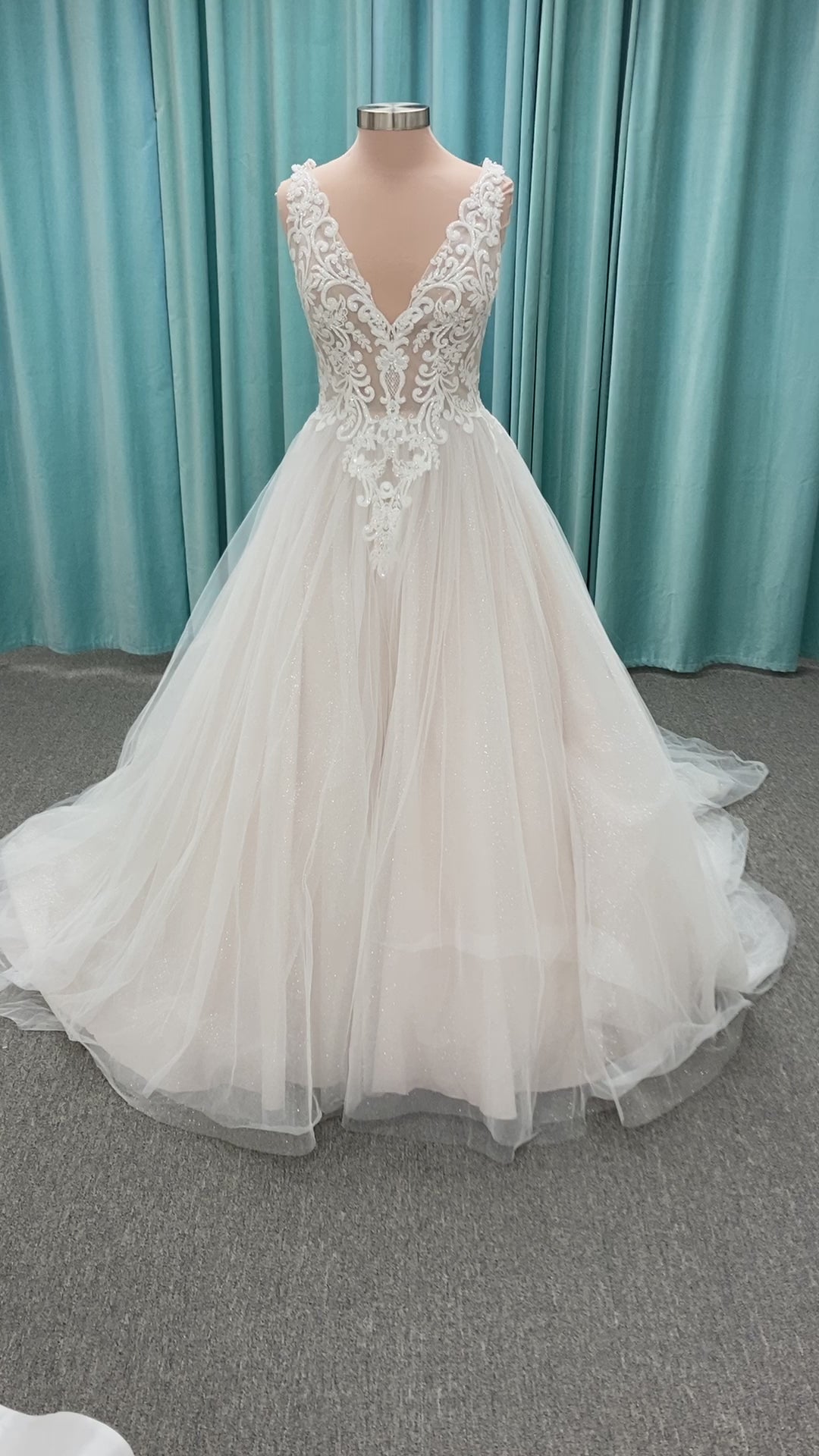 V Neck Wedding Dress with Lace accents and tulle ballgown skirt