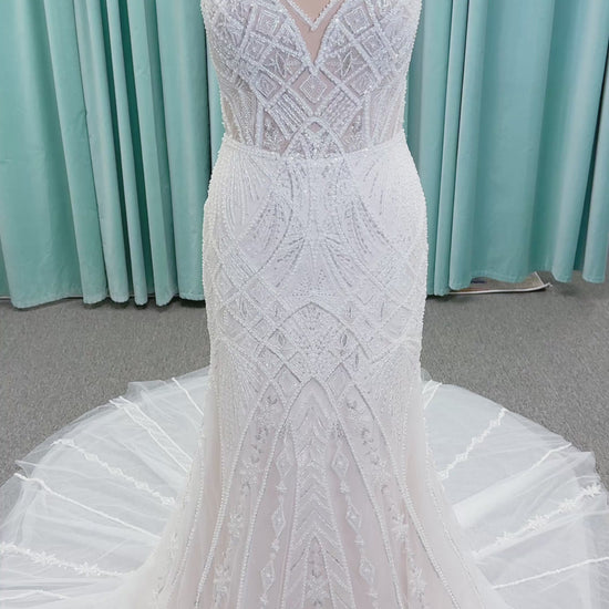 Tori Fit and Flare Wedding Dress in Ivory/Light Champagne, Size 14 — intricate beading, geometric embellishments, fit and flare silhouette