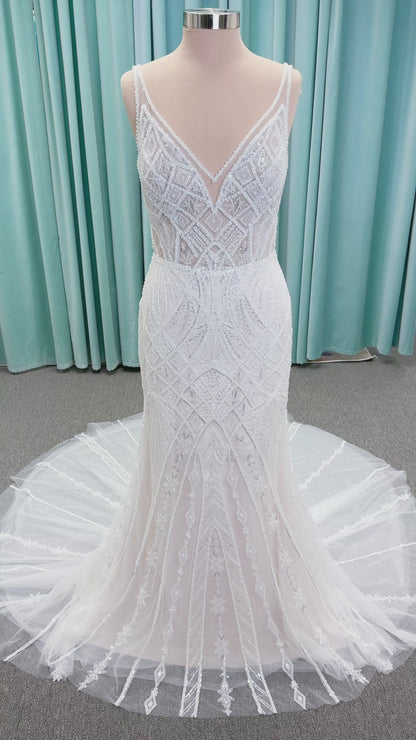 Tori Fit and Flare Wedding Dress in Ivory/Light Champagne, Size 14 — intricate beading, geometric embellishments, fit and flare silhouette