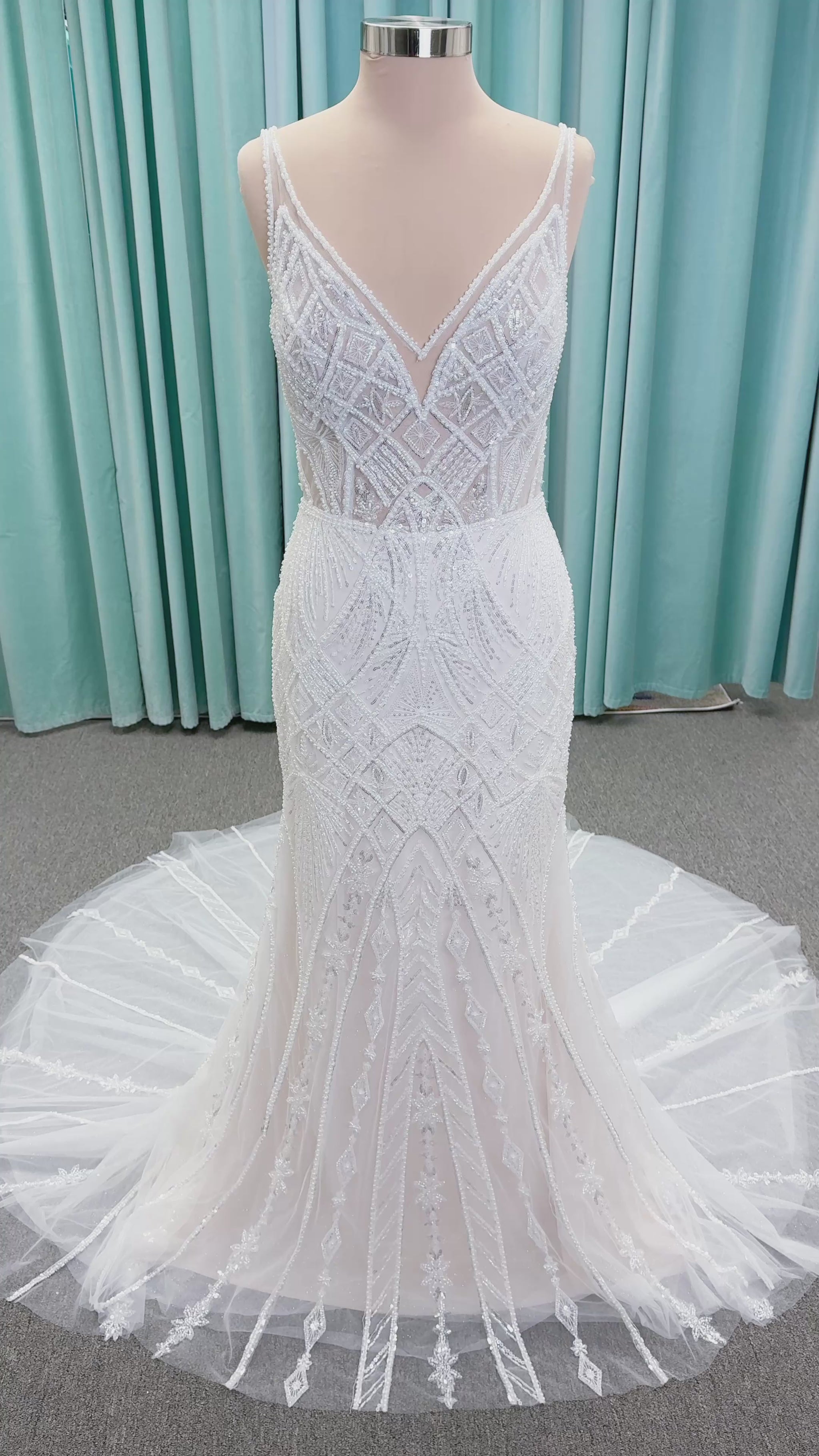 Tori Fit and Flare Wedding Dress in Ivory/Light Champagne, Size 14 — intricate beading, geometric embellishments, fit and flare silhouette