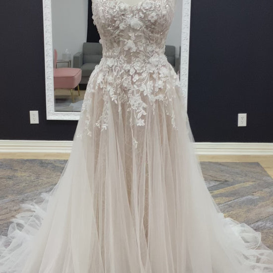 Morilee MGNY 2361 Camellia strapless A-line wedding gown with 3D floral embroidery, crystal beading, layered tulle skirt, and sheer train.