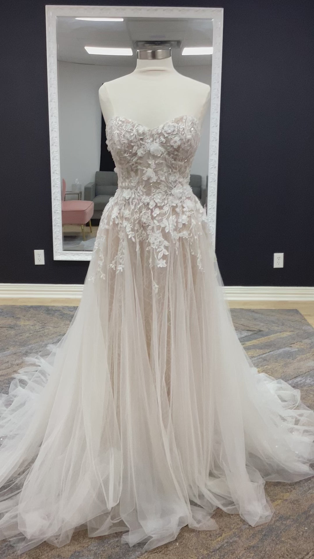 Morilee MGNY 2361 Camellia strapless A-line wedding gown with 3D floral embroidery, crystal beading, layered tulle skirt, and sheer train.