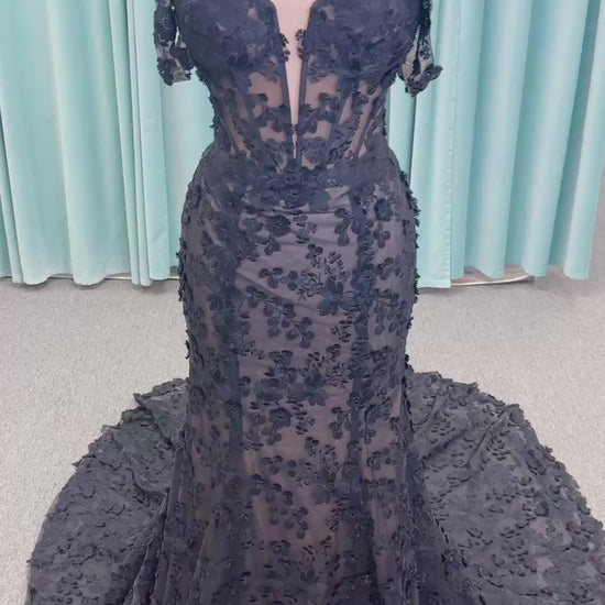 Elvira Mermaid Wedding Dress in Black/Nude, Size 10 — dimensional floral lace, illusion corset bodice, off-the-shoulder straps