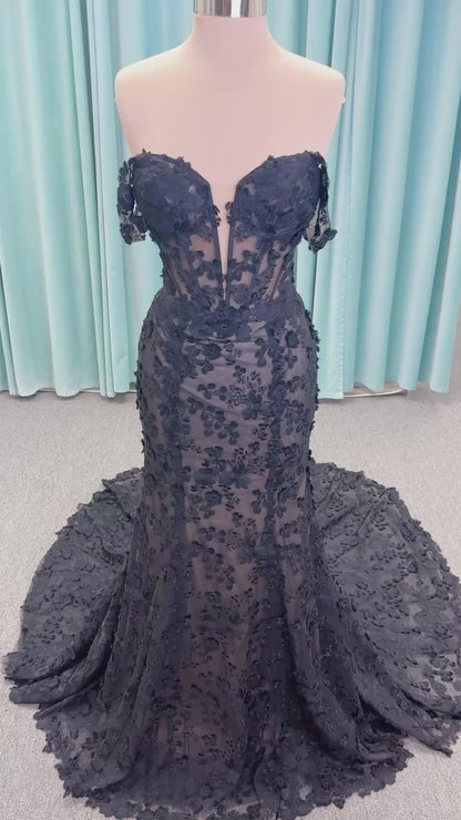 Elvira Mermaid Wedding Dress in Black/Nude, Size 10 — dimensional floral lace, illusion corset bodice, off-the-shoulder straps
