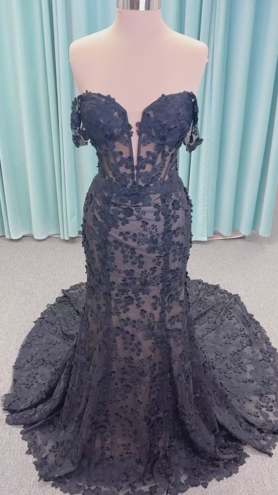Elvira Mermaid Wedding Dress in Black/Nude, Size 10 — dimensional floral lace, illusion corset bodice, off-the-shoulder straps