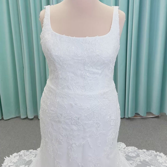 Reid Plus Size Mermaid Wedding Dress in Ivory, Size 22 — intricate floral lace appliqués, fitted mermaid silhouette