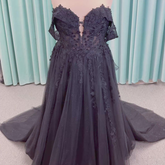 Lily Plus Size A-line Wedding Dress in Black, Size 22 — lace appliqués, glitter tulle skirt, soft shimmer