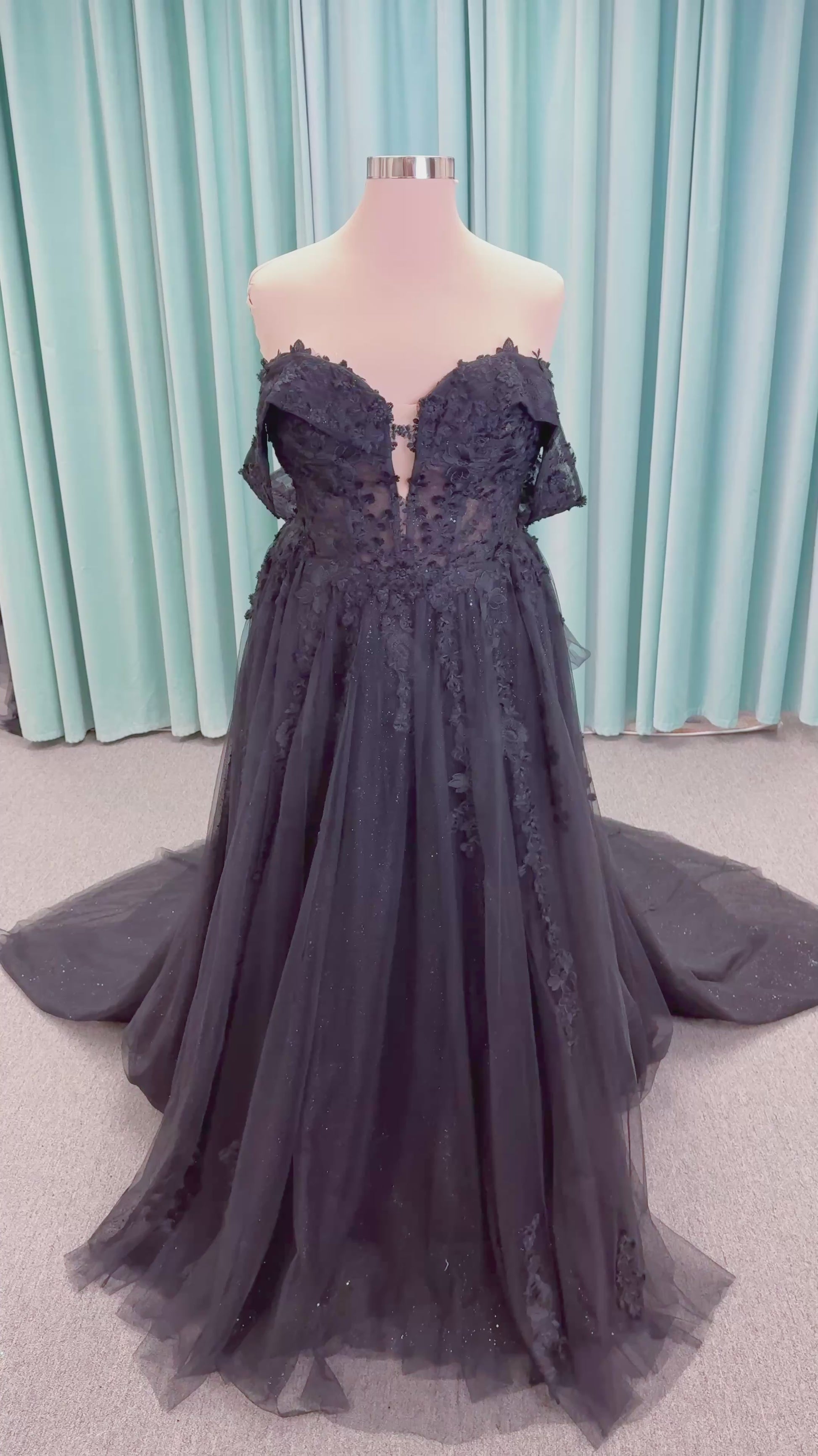 Lily Plus Size A-line Wedding Dress in Black, Size 22 — lace appliqués, glitter tulle skirt, soft shimmer