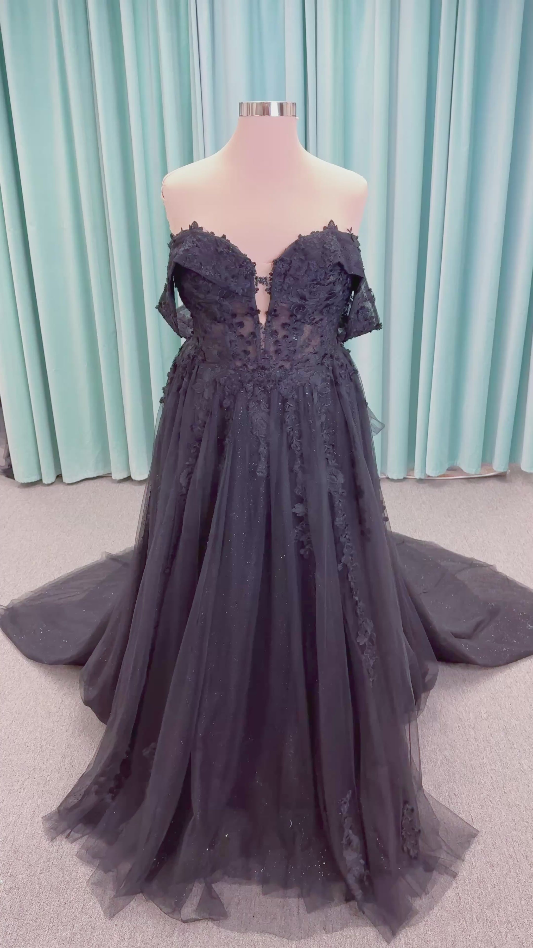 Lily Plus Size A-line Wedding Dress in Black, Size 22 — lace appliqués, glitter tulle skirt, soft shimmer