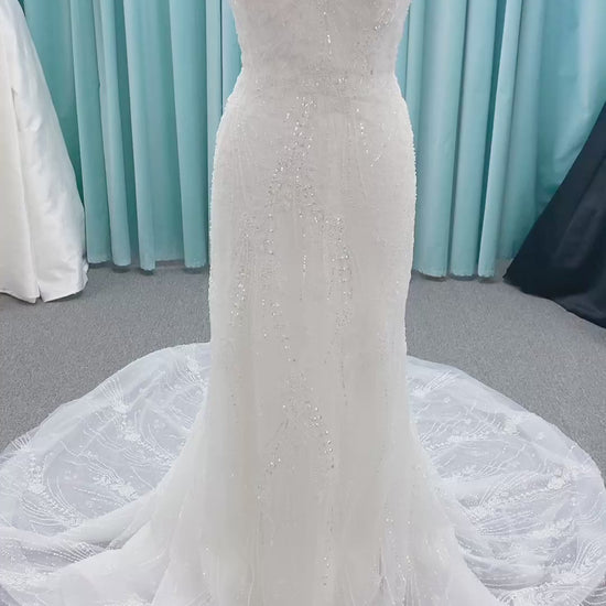 Morilee 1362 Tatianna fit and flare wedding dress with spaghetti straps, allover pearl and crystal beaded net, and sheer corset-boned back in Ivory/Champagne/Honey.