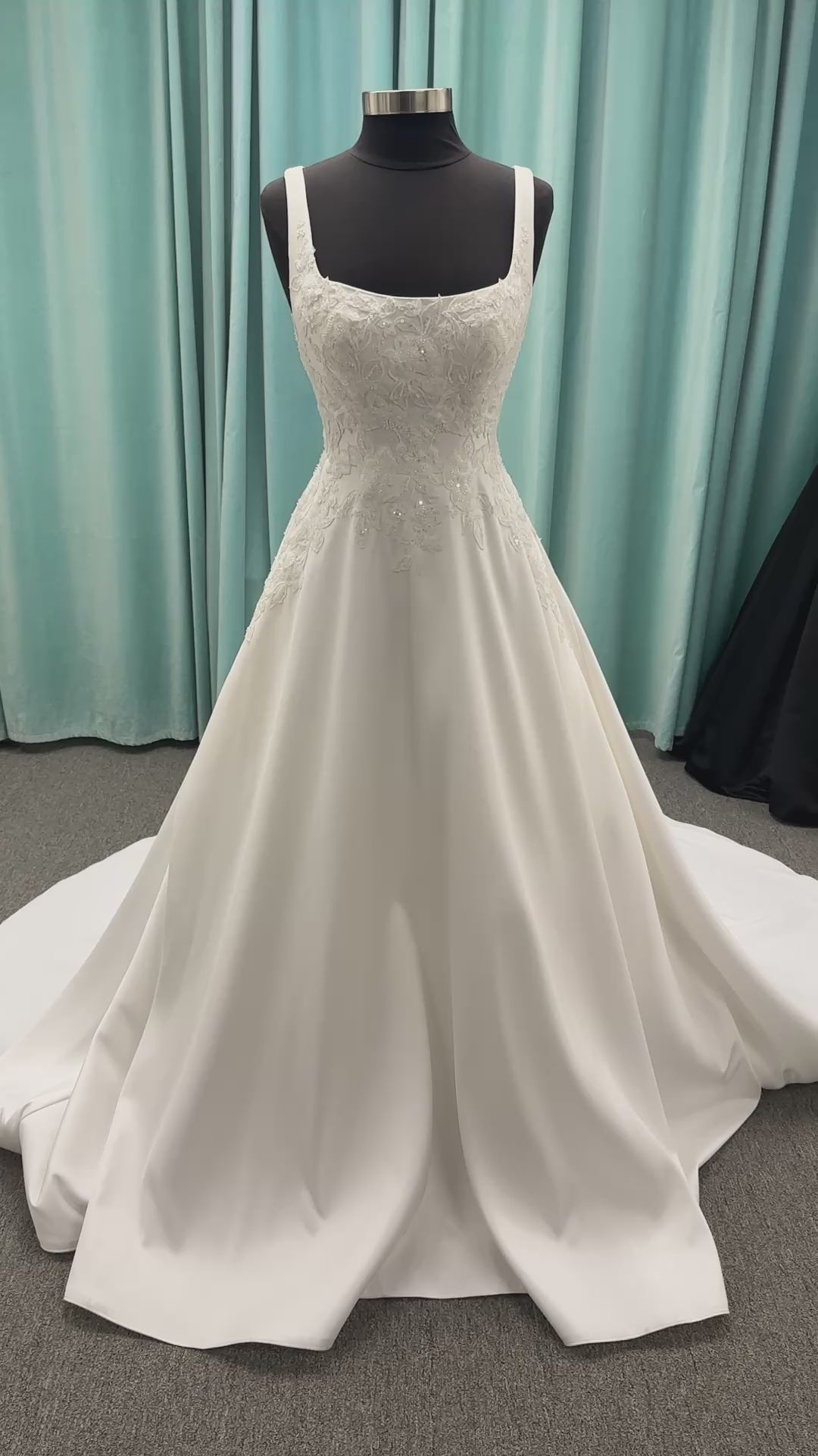 Stella York 7897 Mikado A-line wedding dress with square neckline, wide straps, lace bodice detail, and pockets