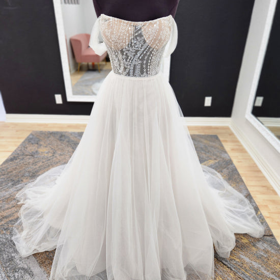 Beaded Bodice Tulle Skirt Off the Shoulder Fitted Wedding Dress