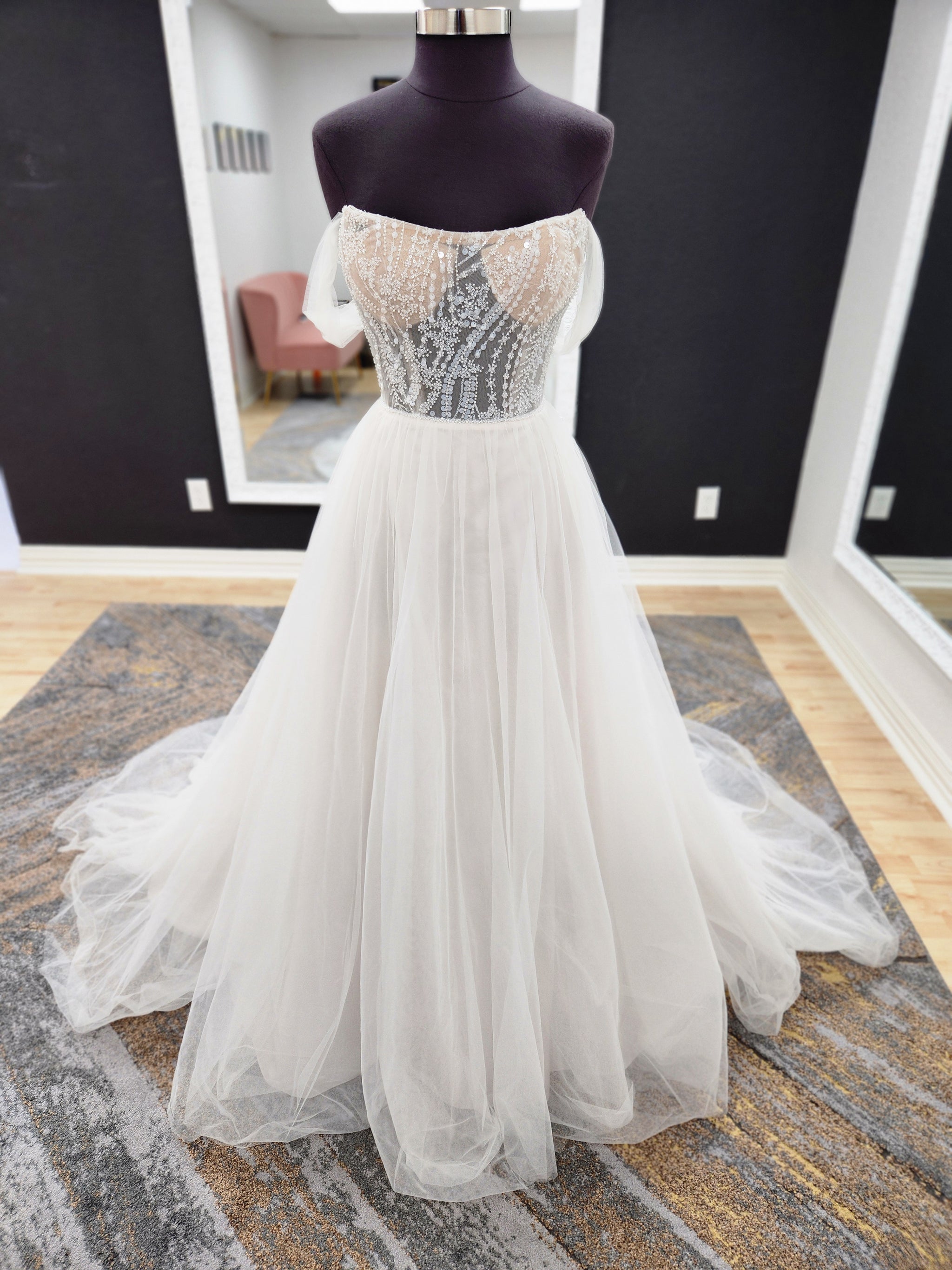 Beaded Bodice Tulle Skirt Off the Shoulder Fitted Wedding Dress