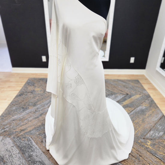 One Shoulder Drapey Sleeve Wedding Dress