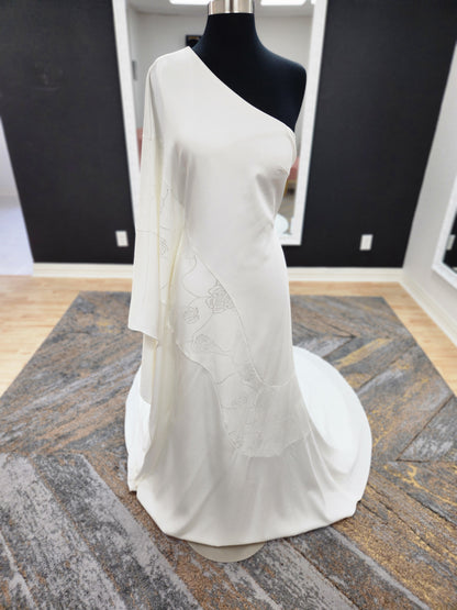 One Shoulder Drapey Sleeve Wedding Dress