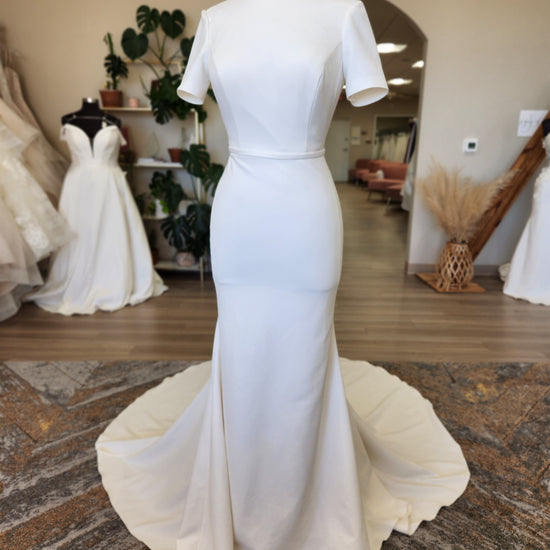 Clean and Classic Short Sleeve Open Back Wedding Dress