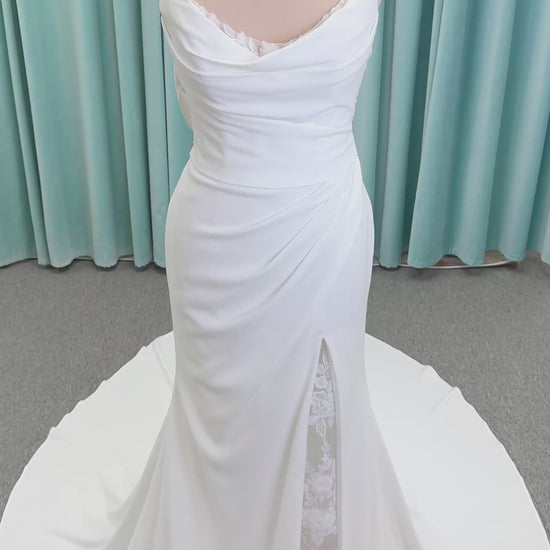 Drake Sheath Wedding Dress in Ivory, Size 10 — draped neckline, spaghetti straps, low button back, lace slit