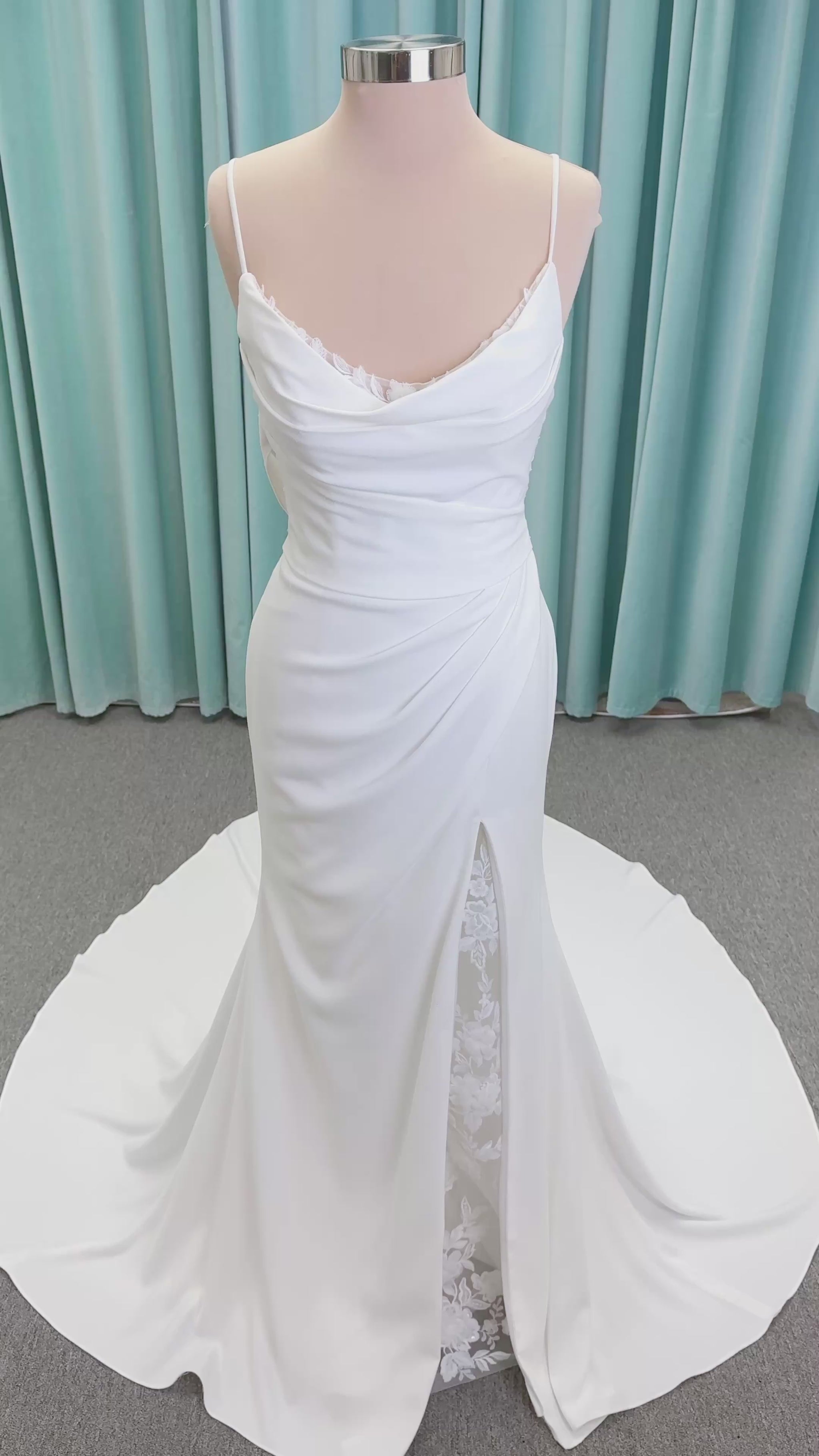 Drake Sheath Wedding Dress in Ivory, Size 10 — draped neckline, spaghetti straps, low button back, lace slit
