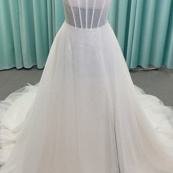 Morilee 15062 Tara A-line wedding dress in sparkle tulle over metallic net with strapless scoop neck, corset boning, and high front slit in Ivory/Champagne/Honey.