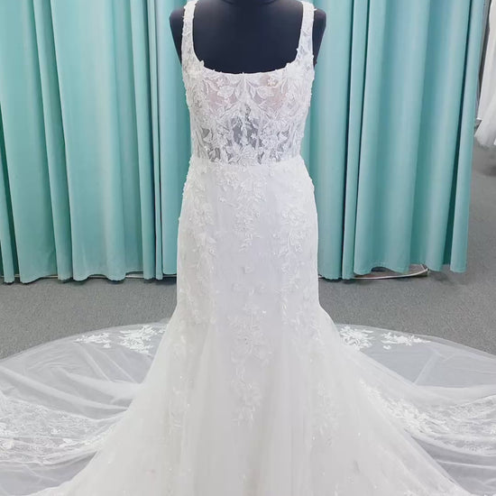 Morilee 2650 Rhea fit and flare wedding dress with square neckline, 3D beaded floral lace over sparkle tulle, corset boning, keyhole back, and godet skirt insets.
