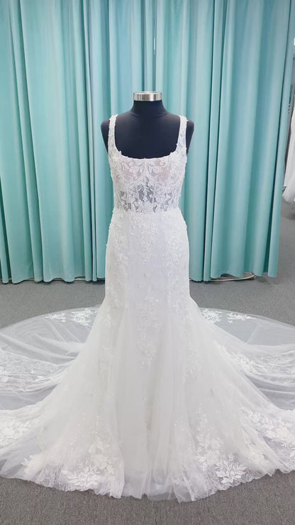 Morilee 2650 Rhea fit and flare wedding dress with square neckline, 3D beaded floral lace over sparkle tulle, corset boning, keyhole back, and godet skirt insets.