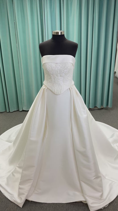 Paityn Strapless Scoop Neck Fit-and-Flare Wedding Dress with Drop Waist and Overskirt