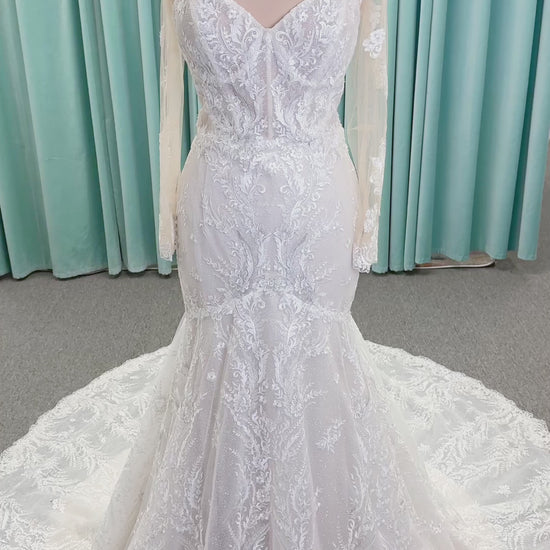 Morilee 2401 Dauphine strapless sweetheart mermaid wedding dress in sparkle organza with frosted lace appliqués, corset bodice, and detachable illusion long sleeves.