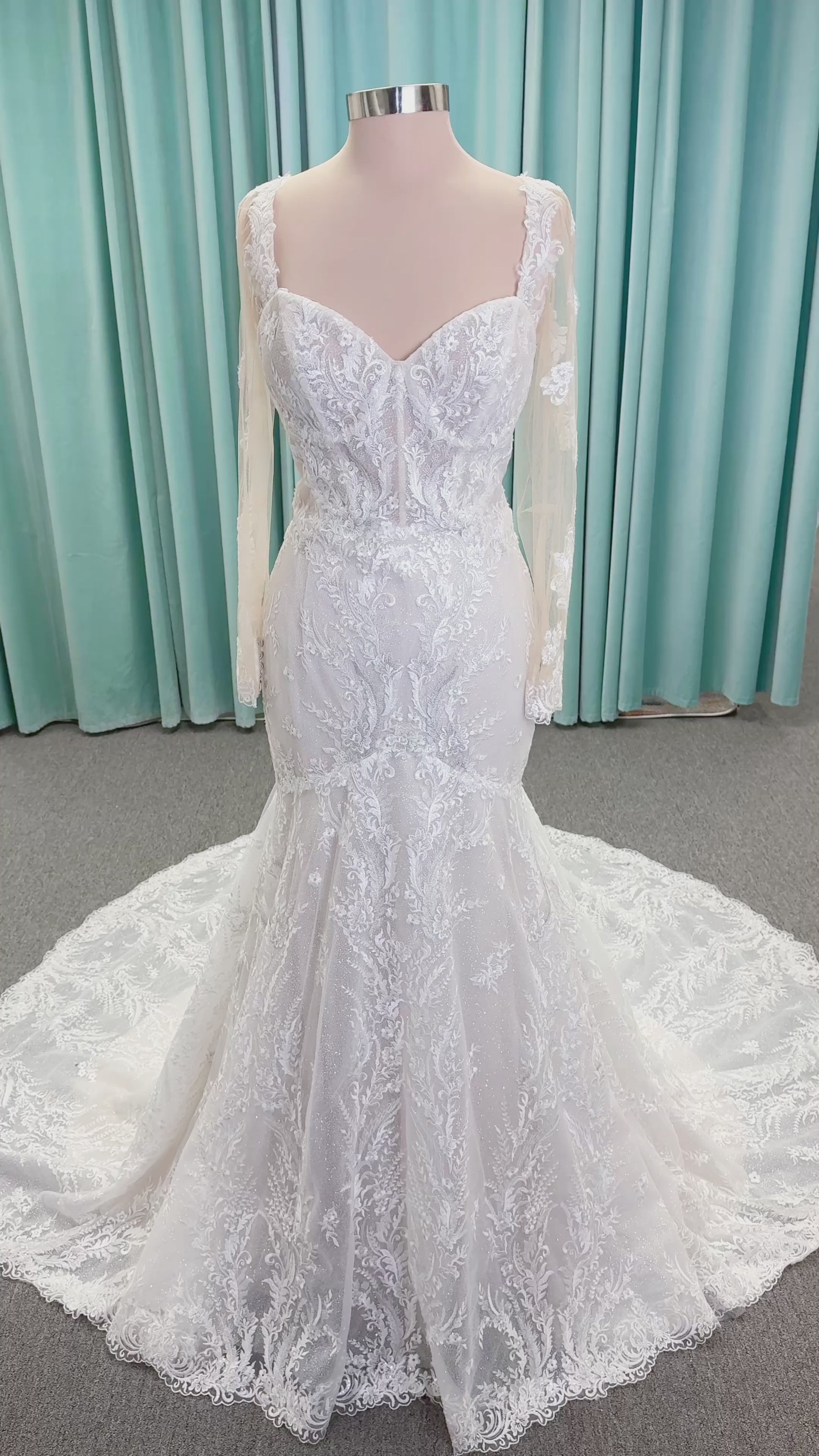 Morilee 2401 Dauphine strapless sweetheart mermaid wedding dress in sparkle organza with frosted lace appliqués, corset bodice, and detachable illusion long sleeves.