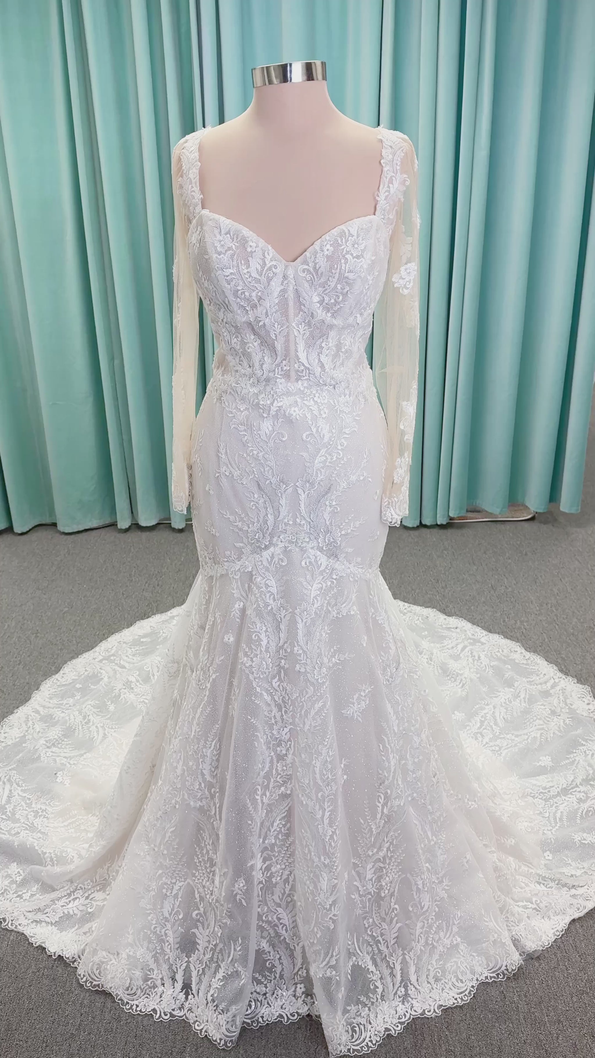 Morilee 2401 Dauphine strapless sweetheart mermaid wedding dress in sparkle organza with frosted lace appliqués, corset bodice, and detachable illusion long sleeves.