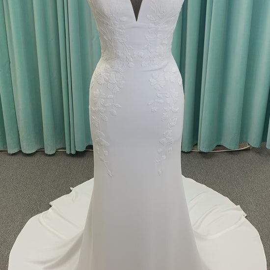 Brenda Mermaid Wedding Dress in Ivory Lace/Ivory, Size 8 — smooth crepe, plunging V-neckline, lace-lined slit