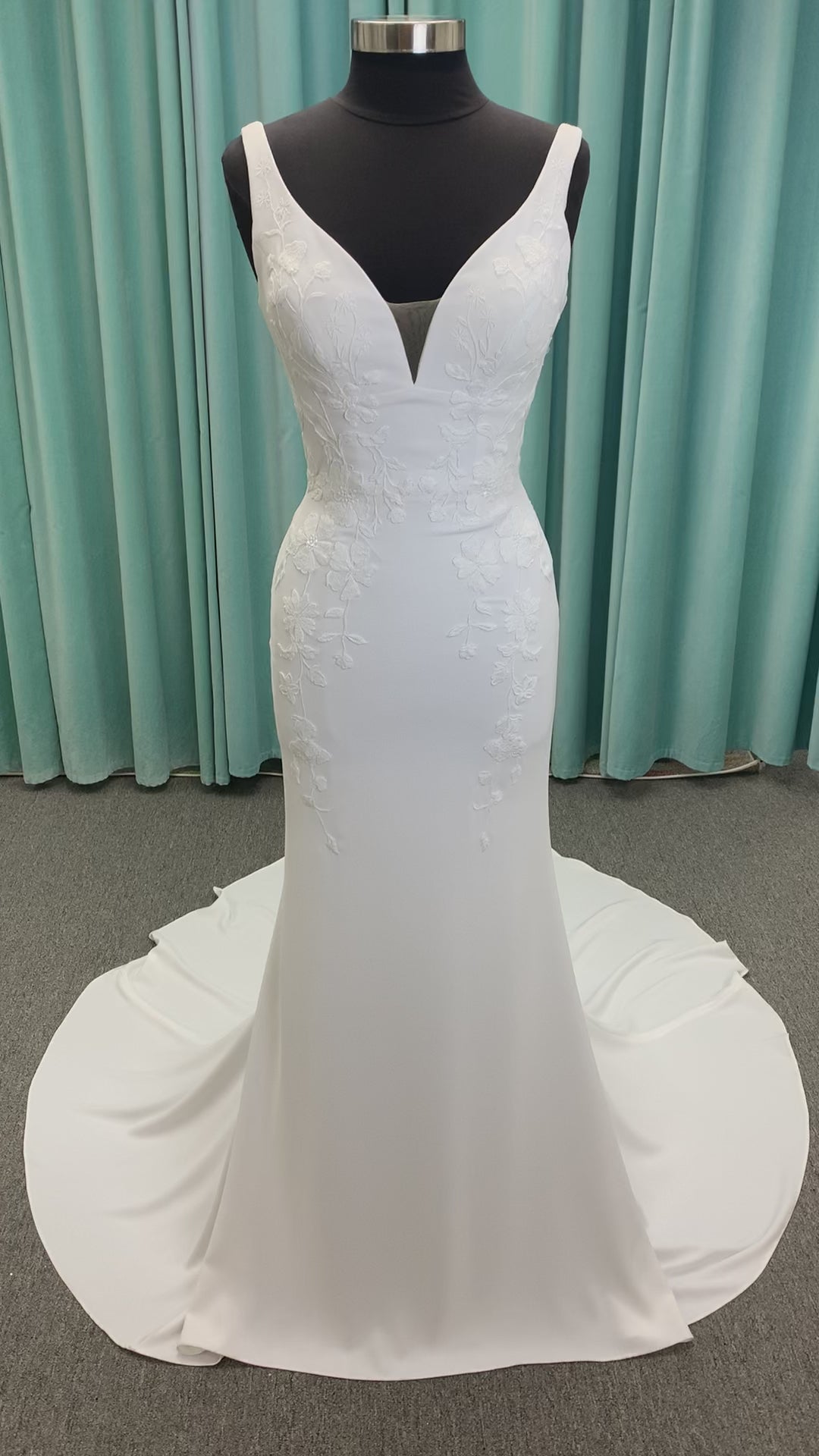 Brenda Mermaid Wedding Dress in Ivory Lace/Ivory, Size 8 — smooth crepe, plunging V-neckline, lace-lined slit