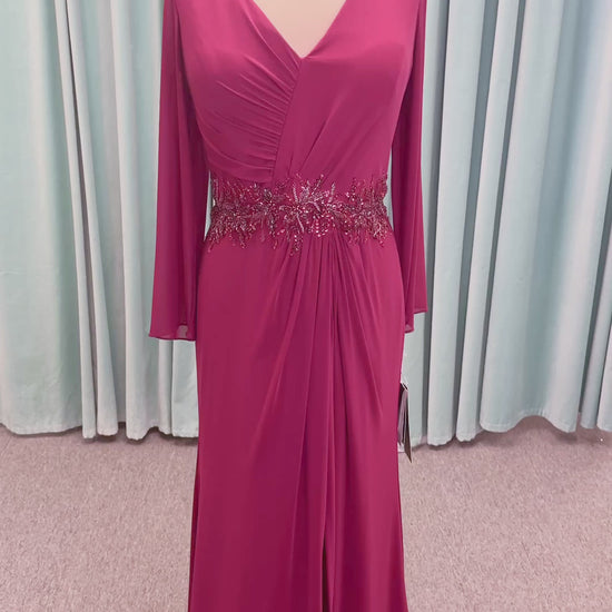 Morilee MLNY 73175 fit and flare mother of the bride dress on mannequin with draped V-neckline, long sleeves, beaded appliques, beaded waist, and slit skirt