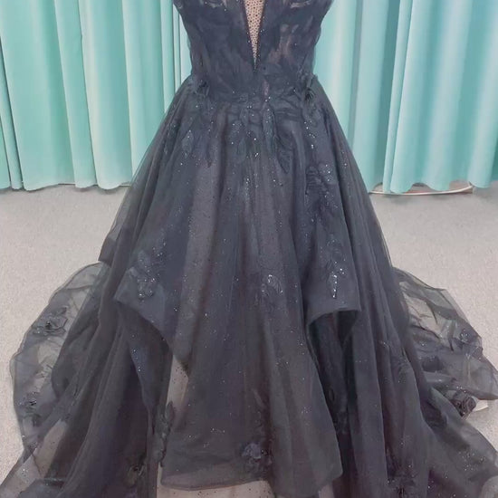 Bellatrix Ballgown Wedding Dress in Black/Nude, Size 14 — plunging V-neckline, V-back, dimensional lace appliqués