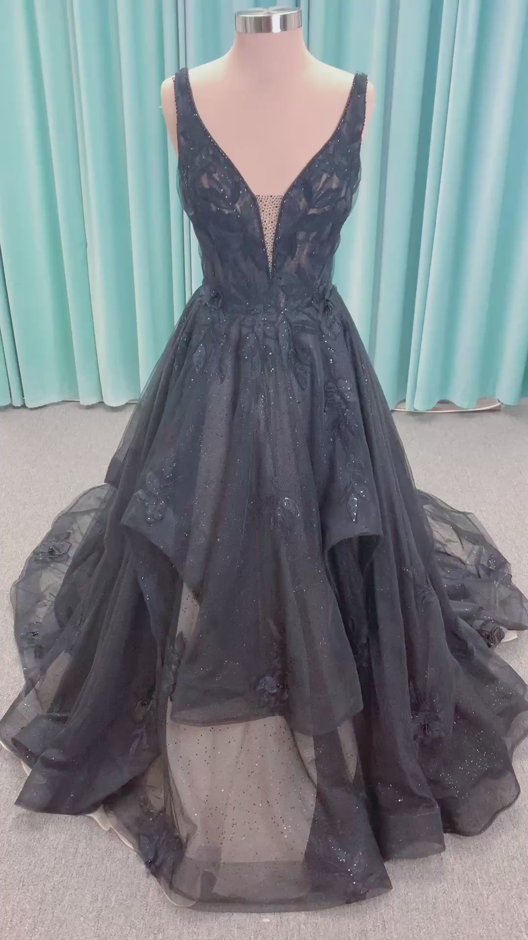 Bellatrix Ballgown Wedding Dress in Black/Nude, Size 14 — plunging V-neckline, V-back, dimensional lace appliqués