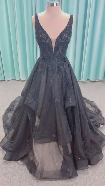 Bellatrix Ballgown Wedding Dress in Black/Nude, Size 14 — plunging V-neckline, V-back, dimensional lace appliqués